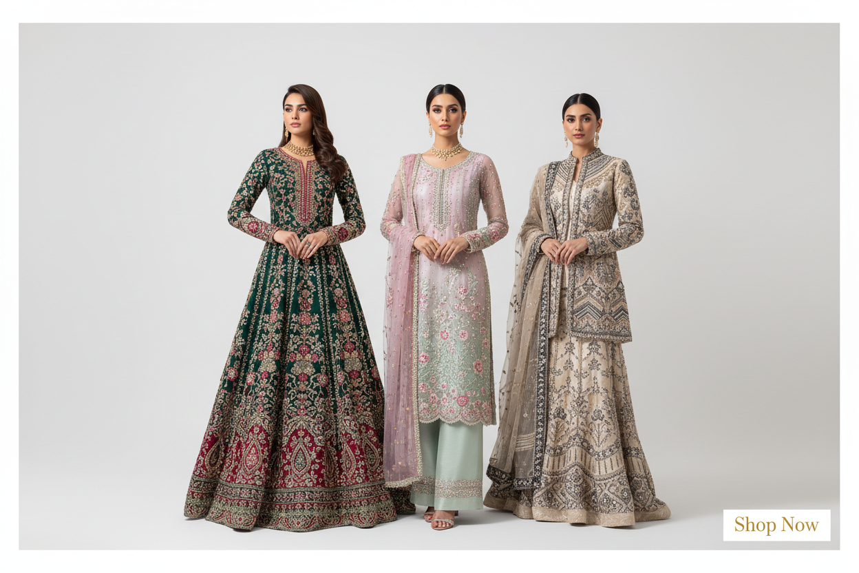 can you please create a image shopify banner image as we are a ladies suit brand and we have pakistani suits so some model indo pakistani girls wearing suit in a white bg like we done a shoot in studio
three models
formal and embroidered pakistani suits
shop now
luxe and premium